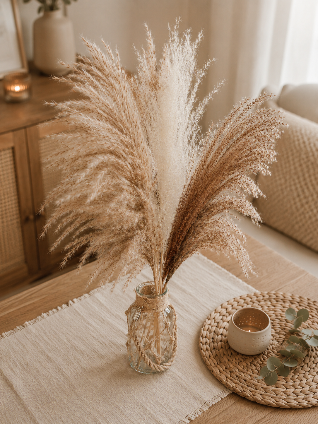 Boho Trockenblumen Arrangement mit Glasvase | Pampasgras Deko | Natur Deko Wohnzimmer | Vase mit Trockenblumen | Boho Geschenk | Handmade