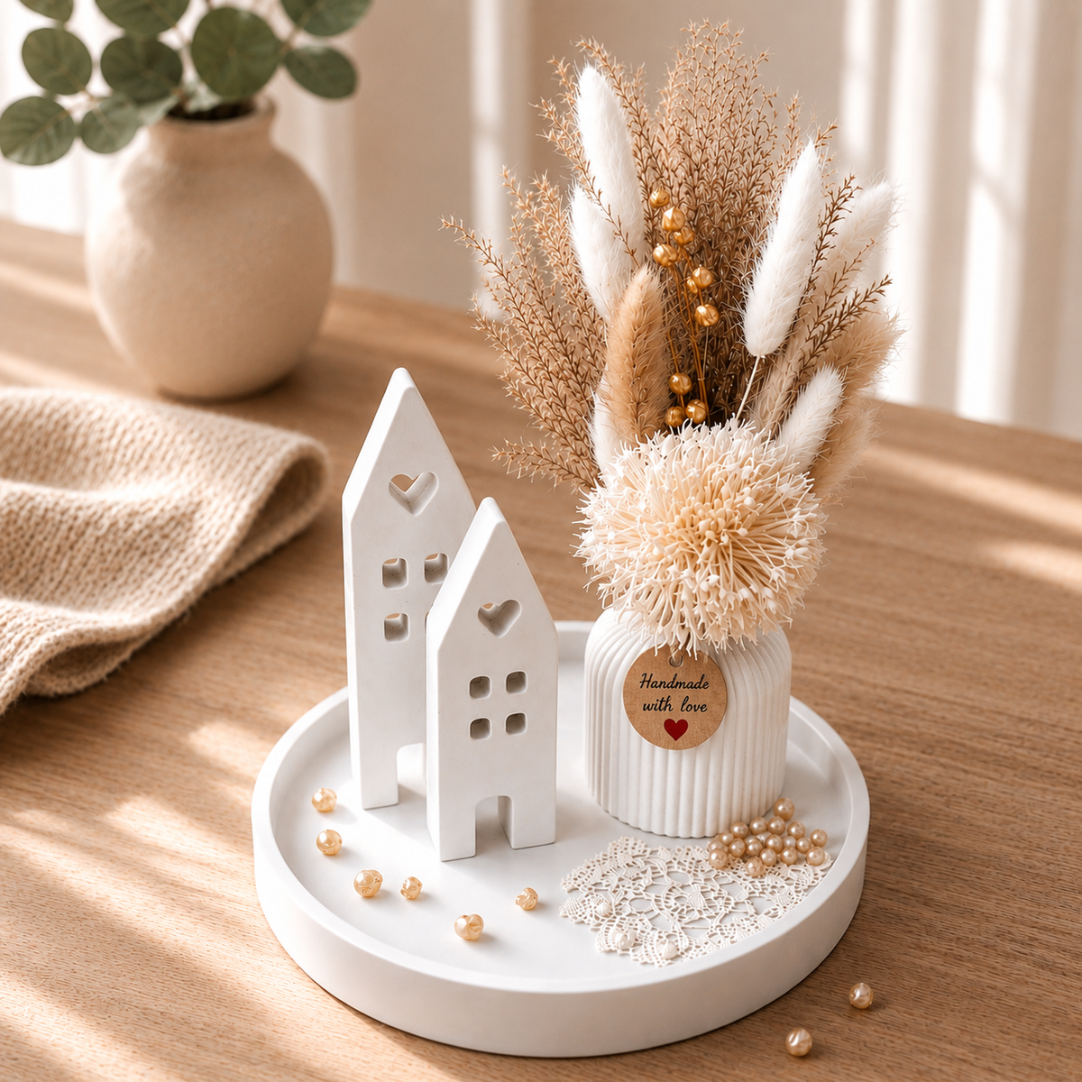 Geschenk zum Einzug | Einzugsgeschenk | Dekoteller mit Blumen | Tischdeko Raysin Set mit Trockenblumen und Lichthäusern | Geschenkset Deko