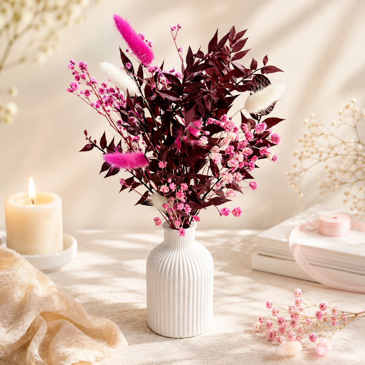 Handgefertigter Trockenblumenstrauß in Pink | Boho Deko | Ewige Blumen | Optional mit Vase & Dekoteller
