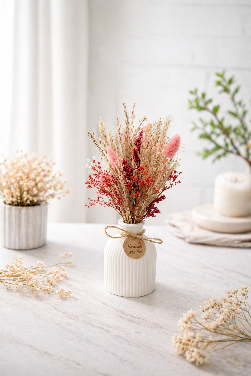 Trockenblumenstrauß mit Vase – Boho Deko Natur – Handmade Geschenkidee – Mini Blumenstrauß ca. 25 cm – Tischdeko Hochzeit Vintage