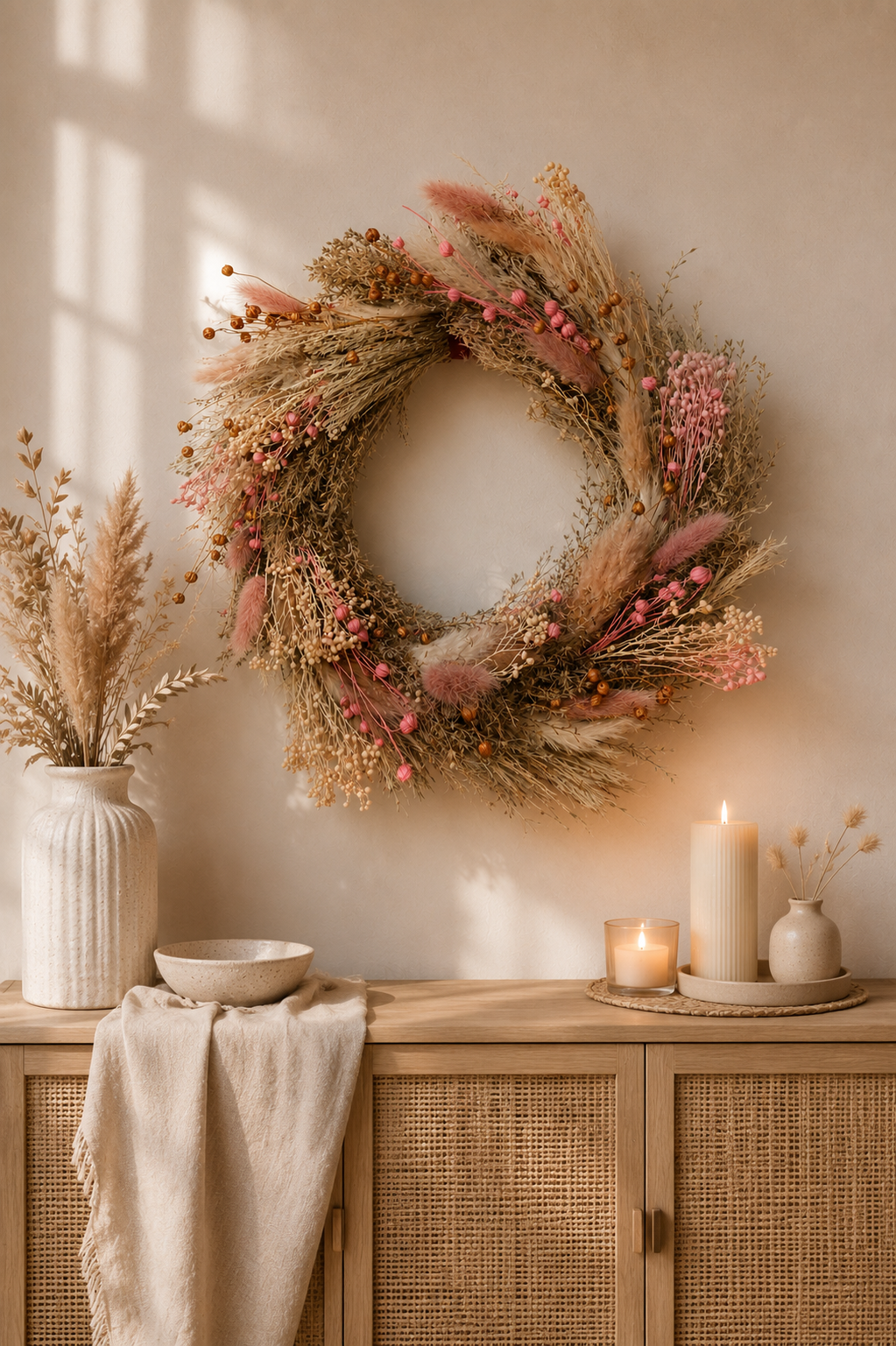 Trockenblumenkranz 30 cm | Boho Türkranz Rosa | Handgemachter Wandkranz | Haustürkranz | Ganzjahresdeko | Geschenk Einzug