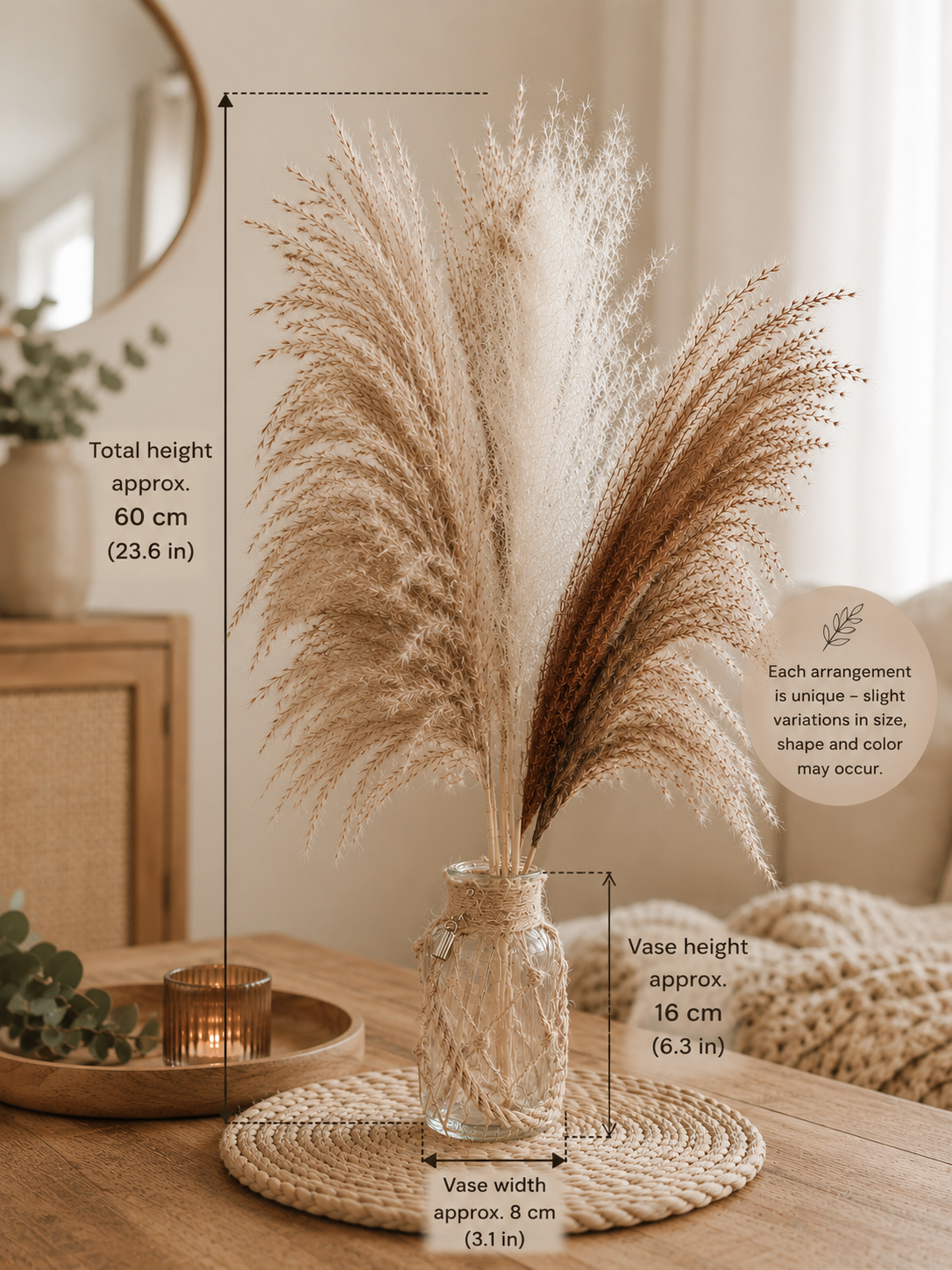 Boho Trockenblumen Arrangement mit Glasvase | Pampasgras Deko | Natur Deko Wohnzimmer | Vase mit Trockenblumen | Boho Geschenk | Handmade