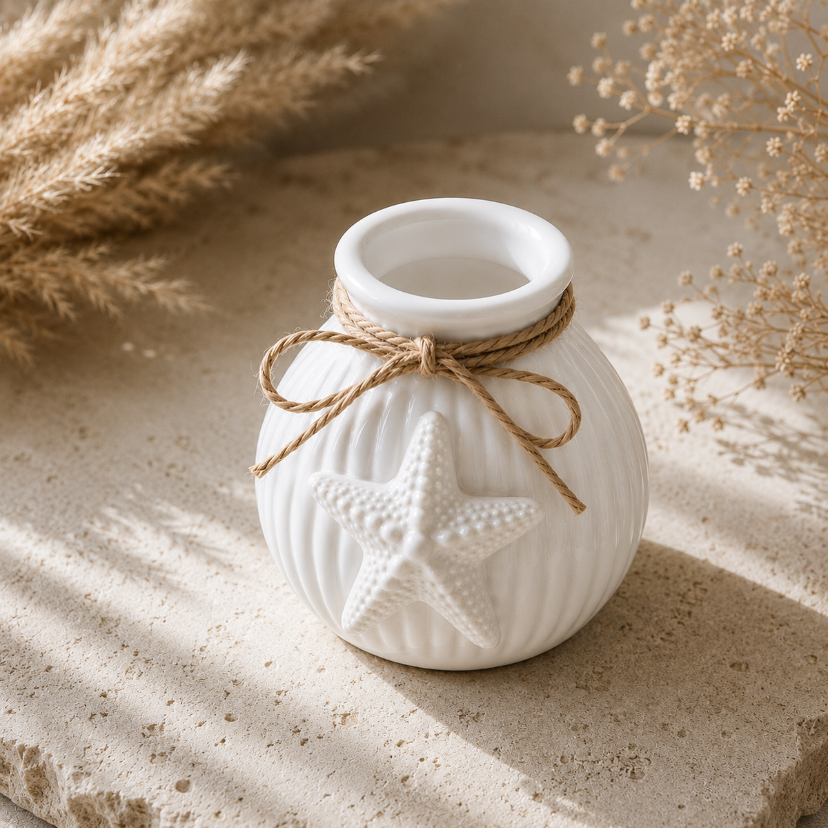 Maritime Vase mit Seestern | Keramikvase Weiß | Küstendeko | Beach House Dekoration | Maritime Deko | Geschenk für Meeresliebhaber