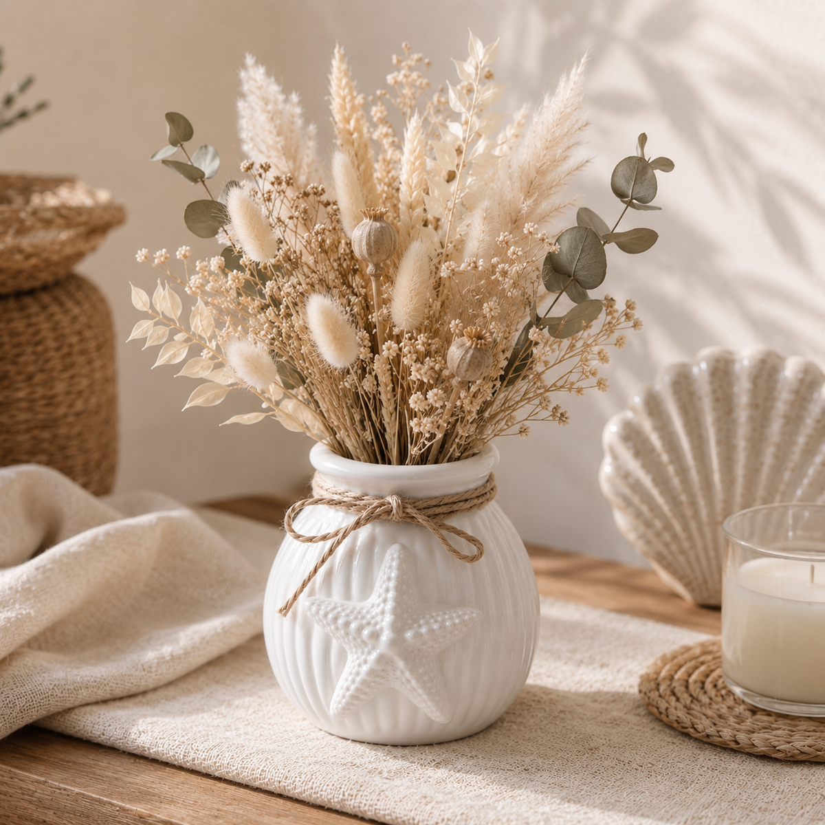 Maritime Vase mit Seestern | Keramikvase Weiß | Küstendeko | Beach House Dekoration | Maritime Deko | Geschenk für Meeresliebhaber