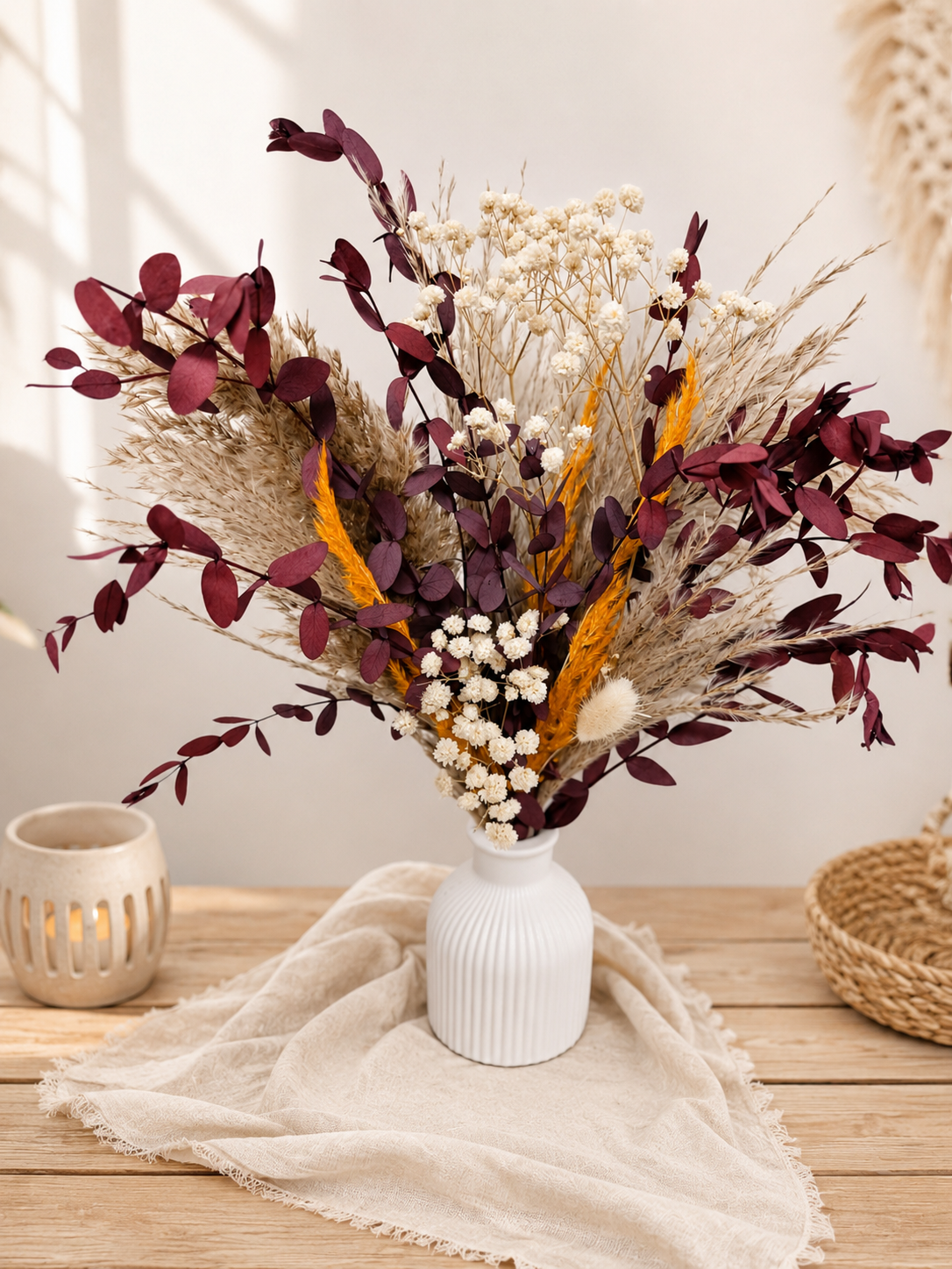 Blumenstrauß Herbst | Trockenblumen Arrangement Natur | Tischdeko Hochzeit | Blumenstrauß inklusive Vase | Trockenblumenstrauß Herbst