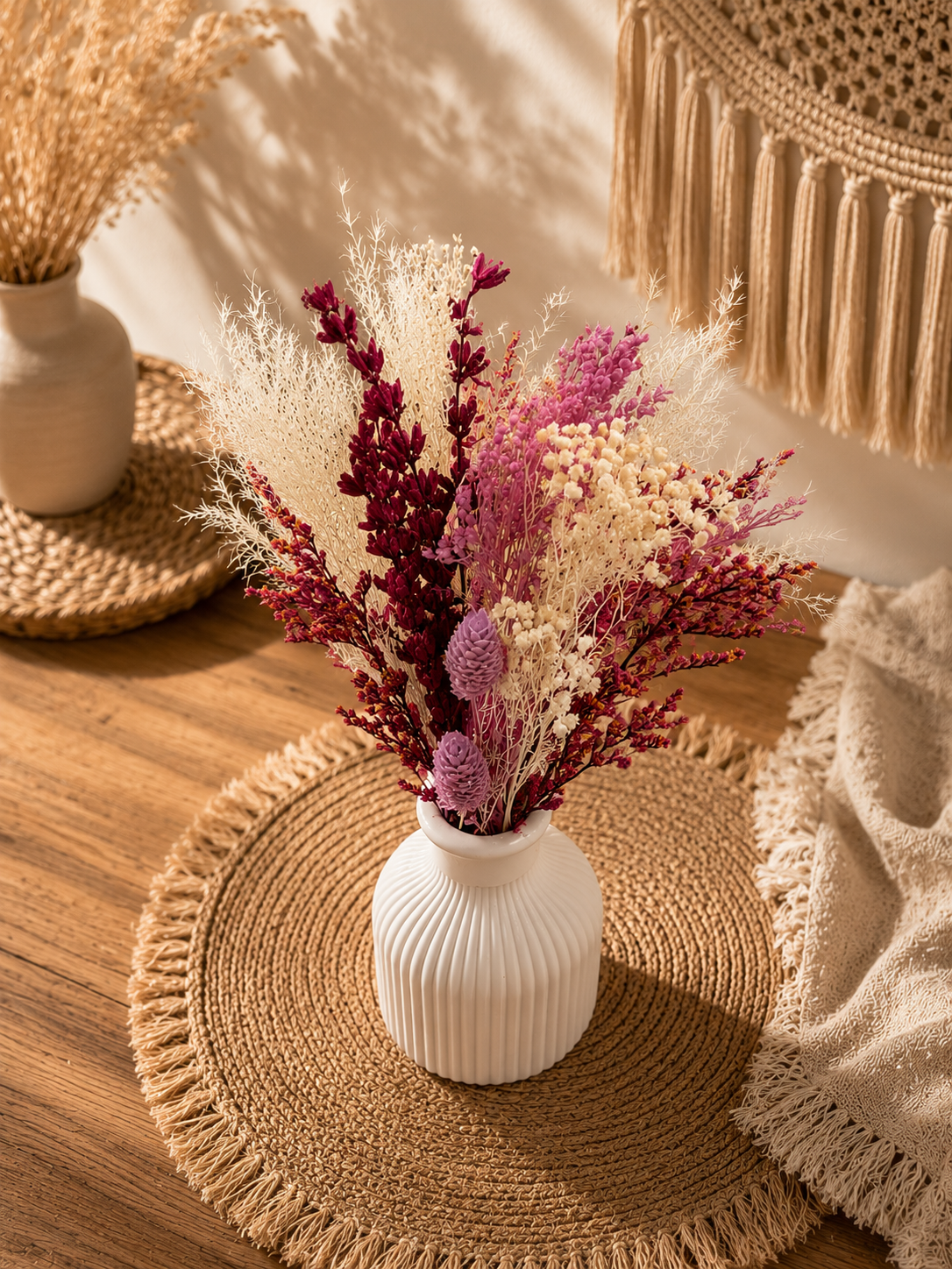 Trockenblumenstrauß mit Vase | Weiß Lila Boho Deko | Handgemachte Tischdeko | Modernes Wohnaccessoire | Geschenk für Sie | Wohnzimmer Deko