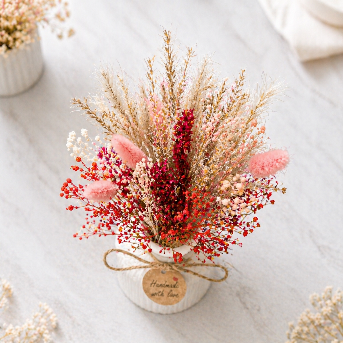 Trockenblumenstrauß mit Vase – Boho Deko Natur – Handmade Geschenkidee – Mini Blumenstrauß ca. 25 cm – Tischdeko Hochzeit Vintage