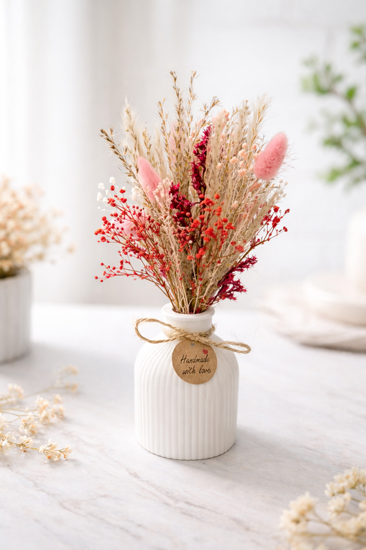 Trockenblumenstrauß mit Vase – Boho Deko Natur – Handmade Geschenkidee – Mini Blumenstrauß ca. 25 cm – Tischdeko Hochzeit Vintage