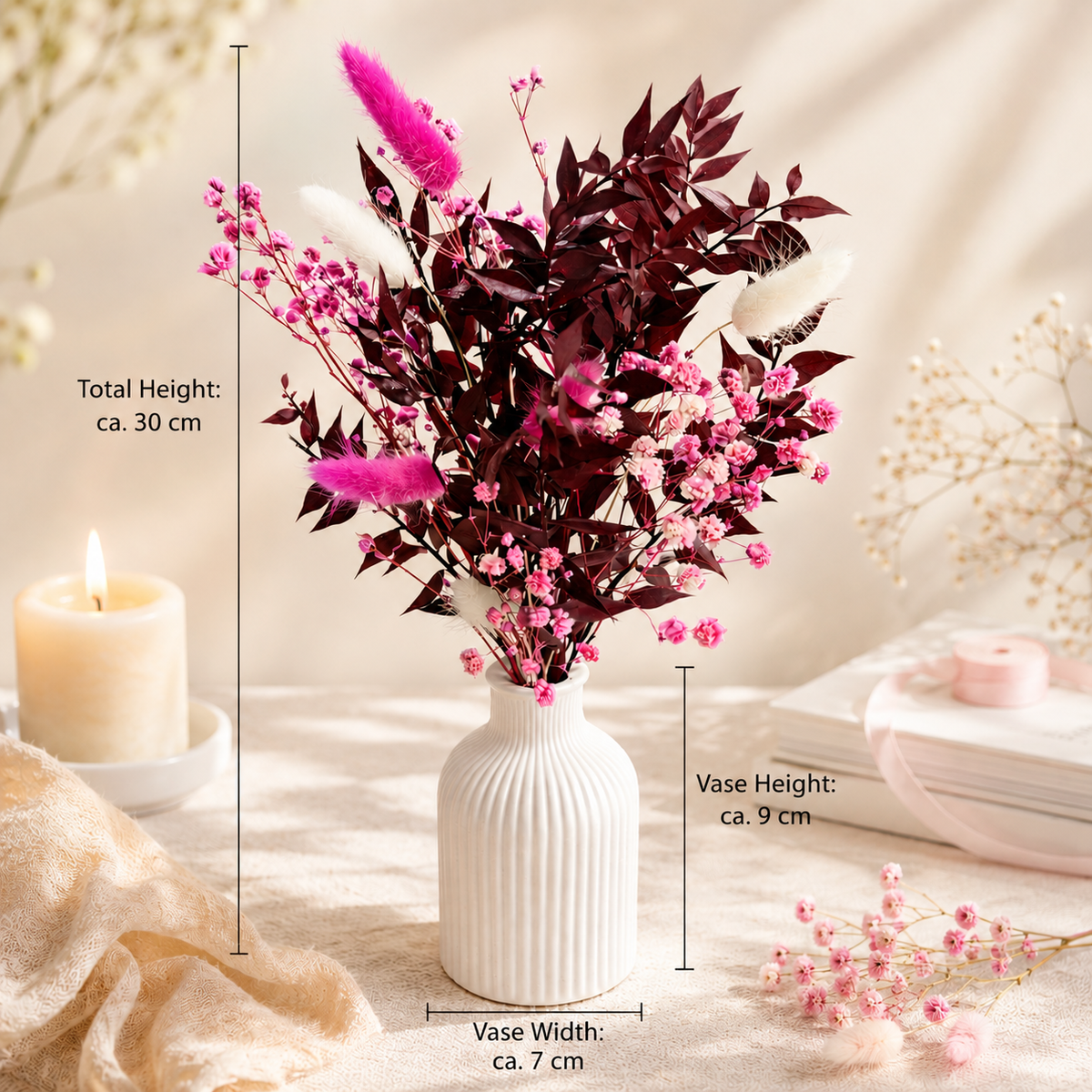 Handgefertigter Trockenblumenstrauß in Pink | Boho Deko | Ewige Blumen | Optional mit Vase & Dekoteller