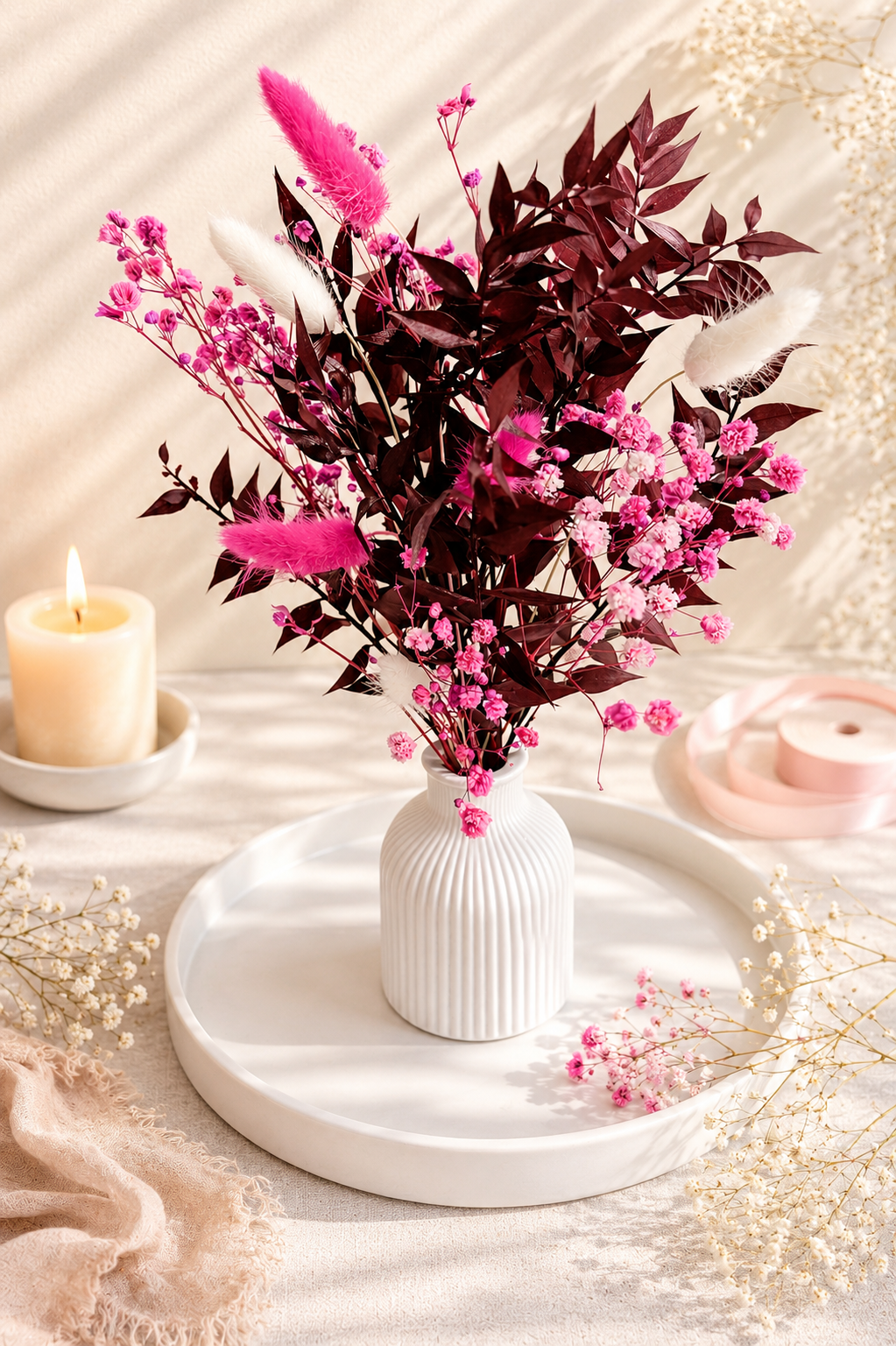 Handgefertigter Trockenblumenstrauß in Pink | Boho Deko | Ewige Blumen | Optional mit Vase & Dekoteller