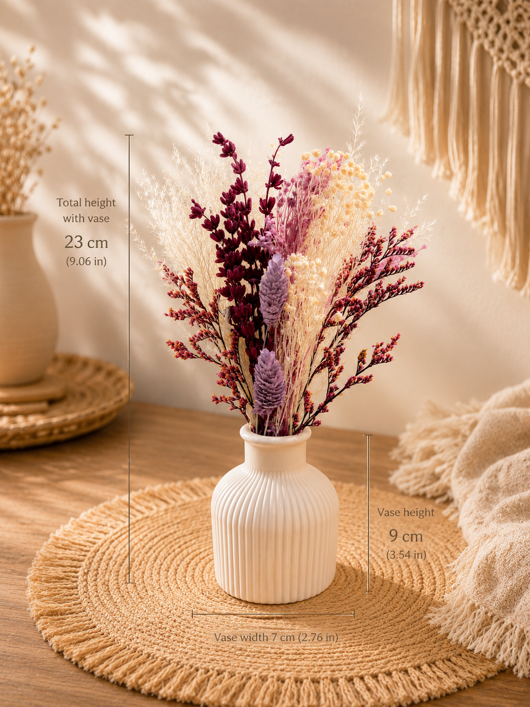 Trockenblumenstrauß mit Vase | Weiß Lila Boho Deko | Handgemachte Tischdeko | Modernes Wohnaccessoire | Geschenk für Sie | Wohnzimmer Deko