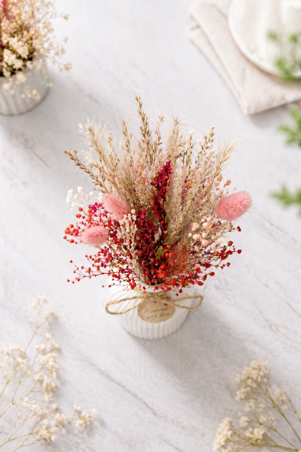 Trockenblumenstrauß mit Vase – Boho Deko Natur – Handmade Geschenkidee – Mini Blumenstrauß ca. 25 cm – Tischdeko Hochzeit Vintage