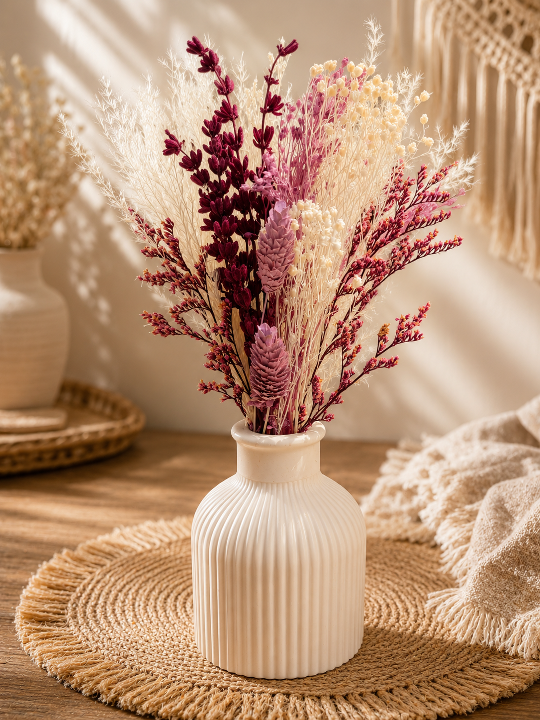 Trockenblumenstrauß mit Vase | Weiß Lila Boho Deko | Handgemachte Tischdeko | Modernes Wohnaccessoire | Geschenk für Sie | Wohnzimmer Deko