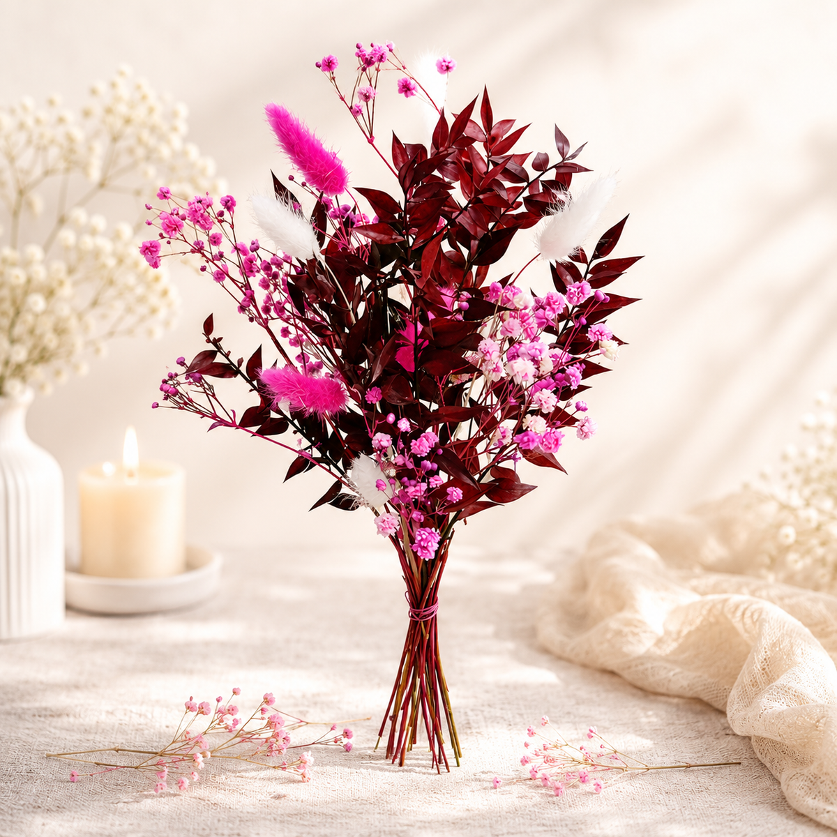 Handgefertigter Trockenblumenstrauß in Pink | Boho Deko | Ewige Blumen | Optional mit Vase & Dekoteller