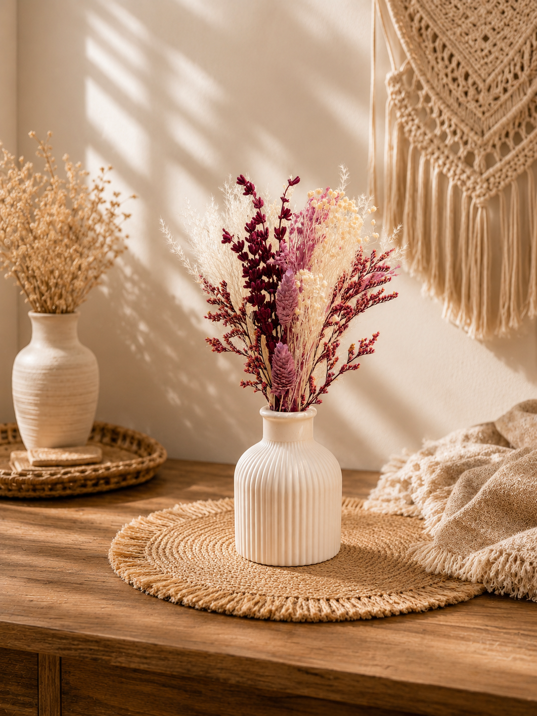 Trockenblumenstrauß mit Vase | Weiß Lila Boho Deko | Handgemachte Tischdeko | Modernes Wohnaccessoire | Geschenk für Sie | Wohnzimmer Deko