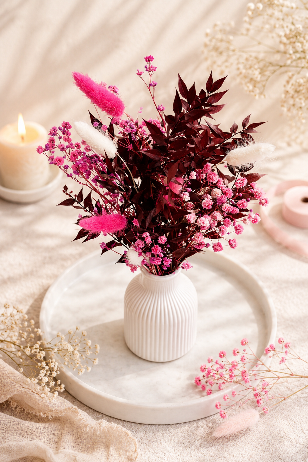 Handgefertigter Trockenblumenstrauß in Pink | Boho Deko | Ewige Blumen | Optional mit Vase & Dekoteller