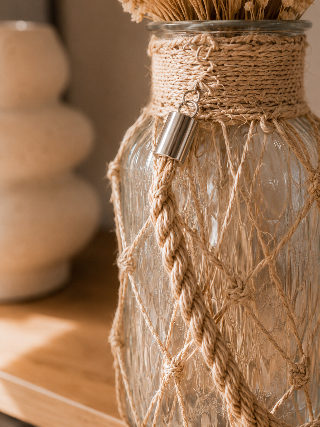 Boho Makramee Vase | Glasvase mit Makramee | Dekovase mit Trockenblumen | Handgemachte Boho Deko | Wohnzimmer Deko | Geschenk