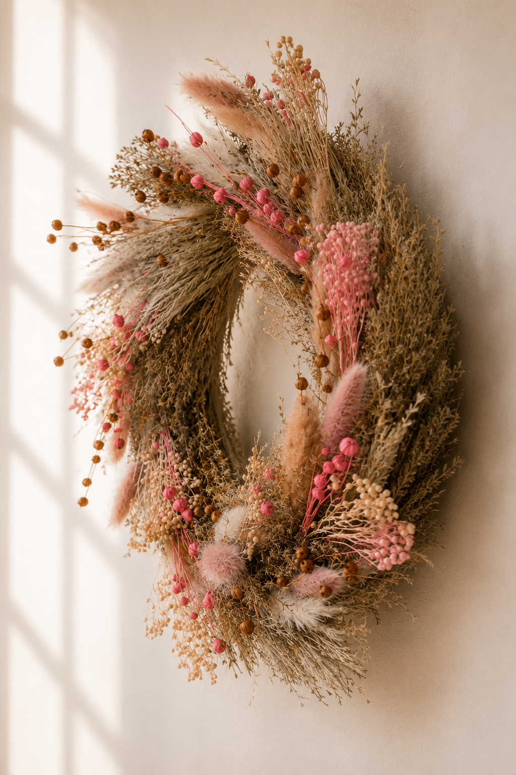 Trockenblumenkranz 30 cm | Boho Türkranz Rosa | Handgemachter Wandkranz | Haustürkranz | Ganzjahresdeko | Geschenk Einzug