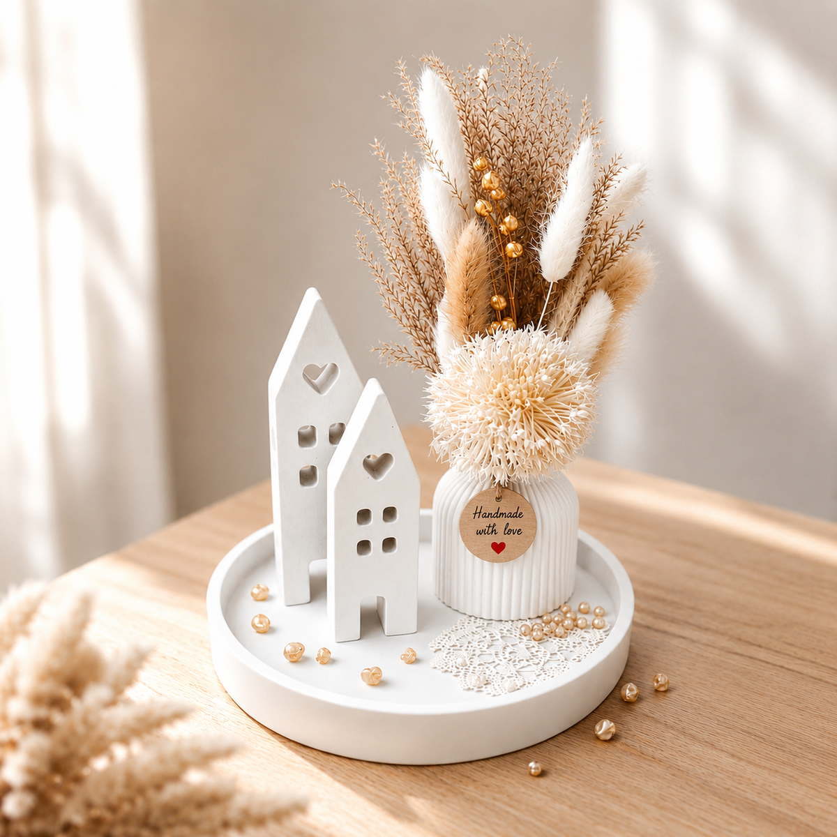 Geschenk zum Einzug | Einzugsgeschenk | Dekoteller mit Blumen | Tischdeko Raysin Set mit Trockenblumen und Lichthäusern | Geschenkset Deko