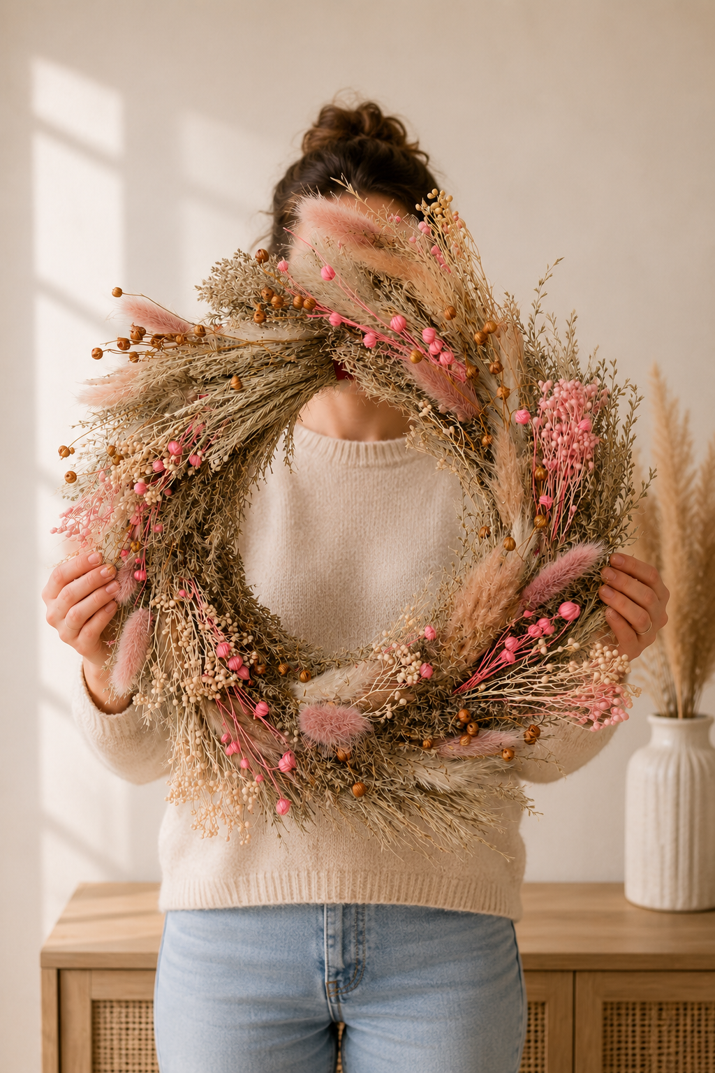 Trockenblumenkranz 30 cm | Boho Türkranz Rosa | Handgemachter Wandkranz | Haustürkranz | Ganzjahresdeko | Geschenk Einzug