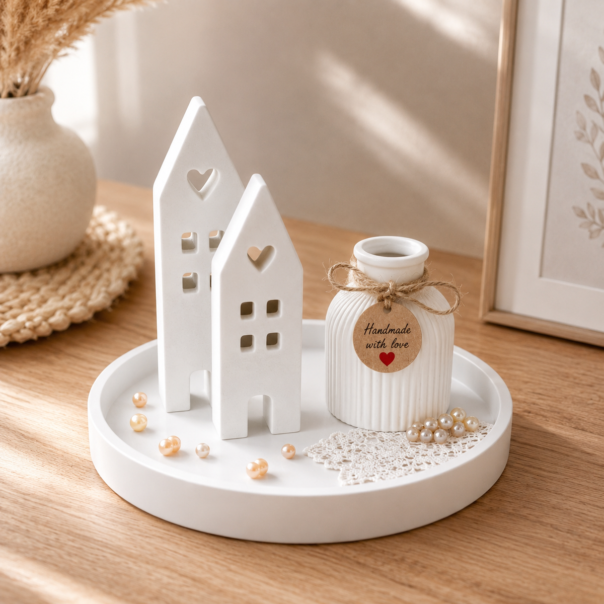 Geschenk zum Einzug | Einzugsgeschenk | Dekoteller mit Blumen | Tischdeko Raysin Set mit Trockenblumen und Lichthäusern | Geschenkset Deko