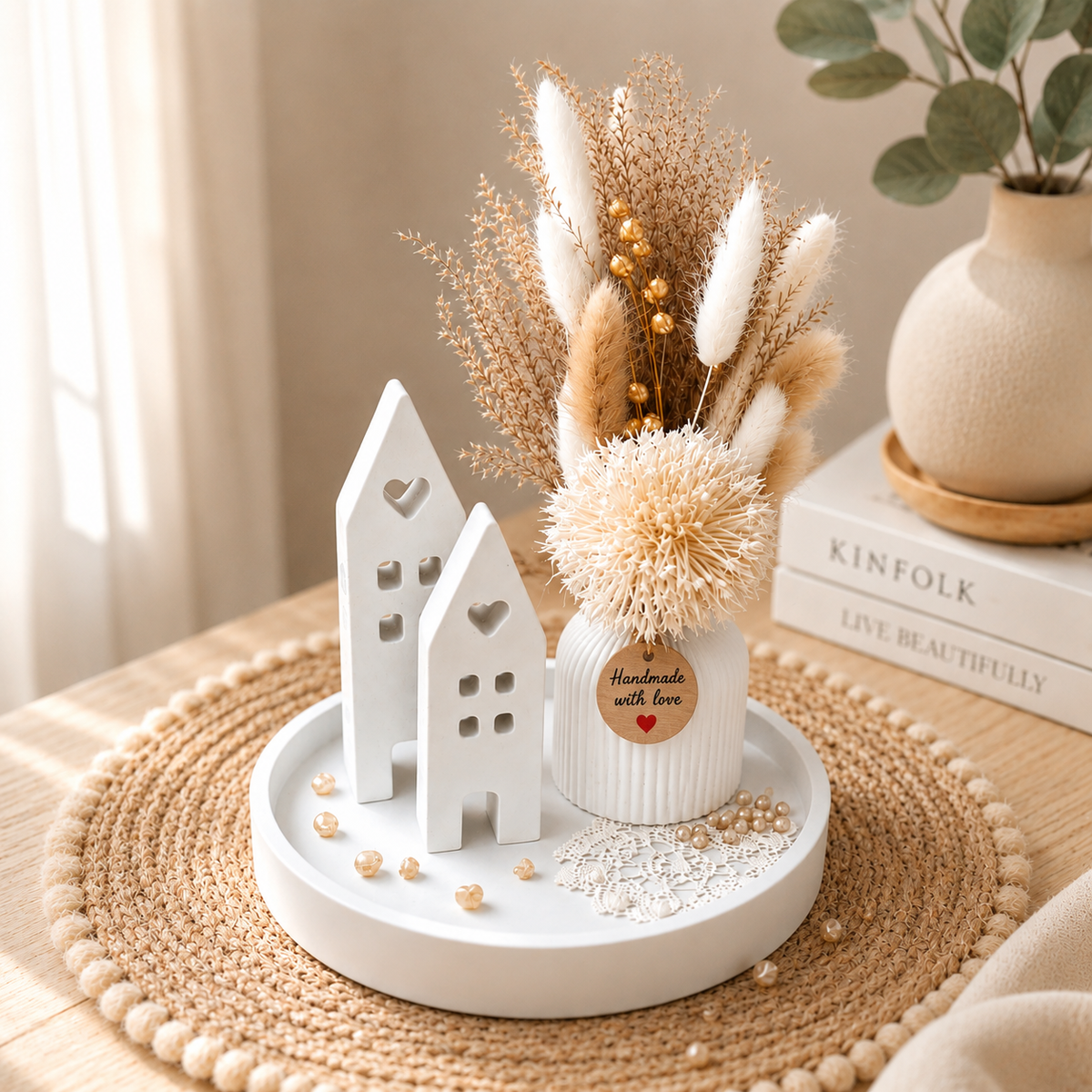 Geschenk zum Einzug | Einzugsgeschenk | Dekoteller mit Blumen | Tischdeko Raysin Set mit Trockenblumen und Lichthäusern | Geschenkset Deko