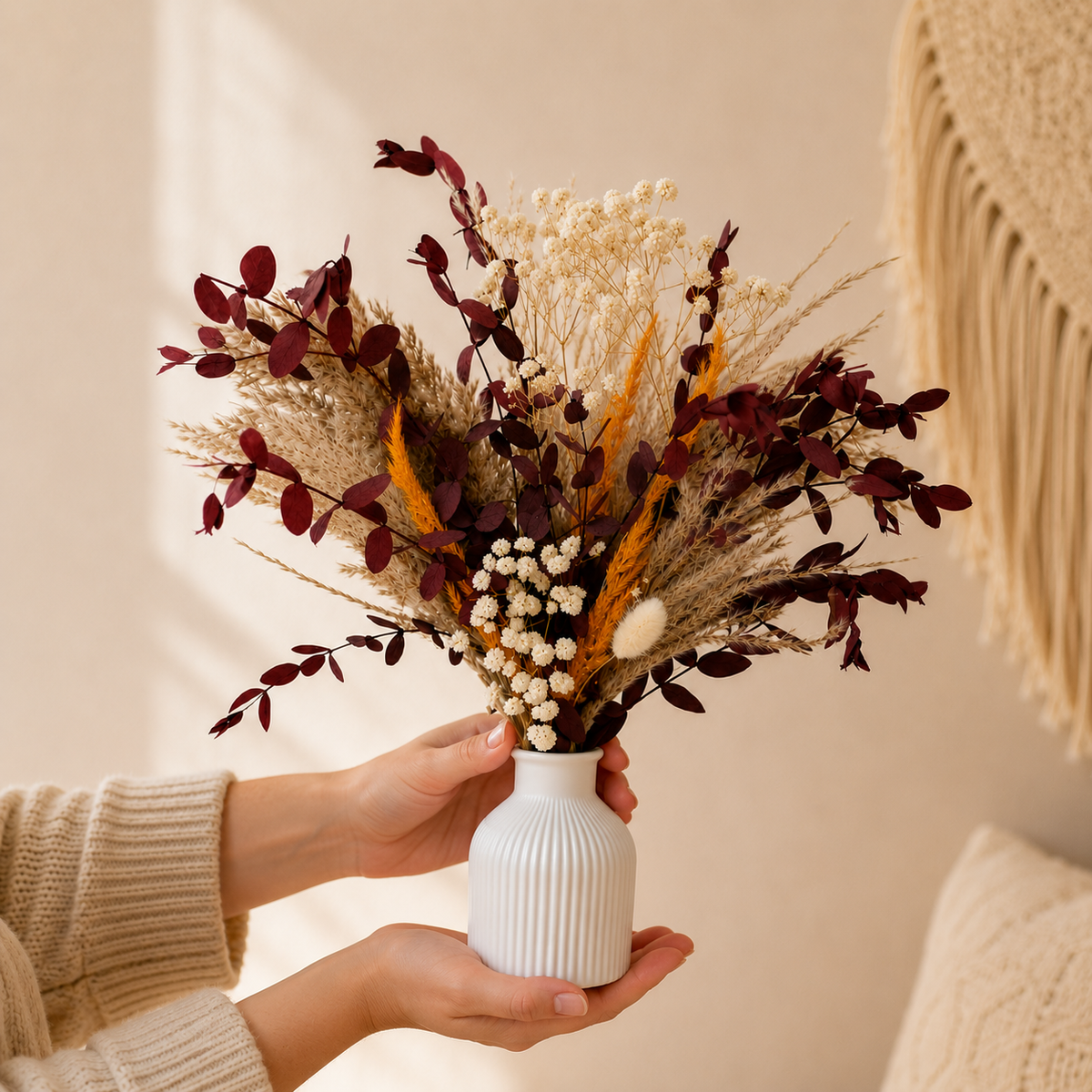Blumenstrauß Herbst | Trockenblumen Arrangement Natur | Tischdeko Hochzeit | Blumenstrauß inklusive Vase | Trockenblumenstrauß Herbst