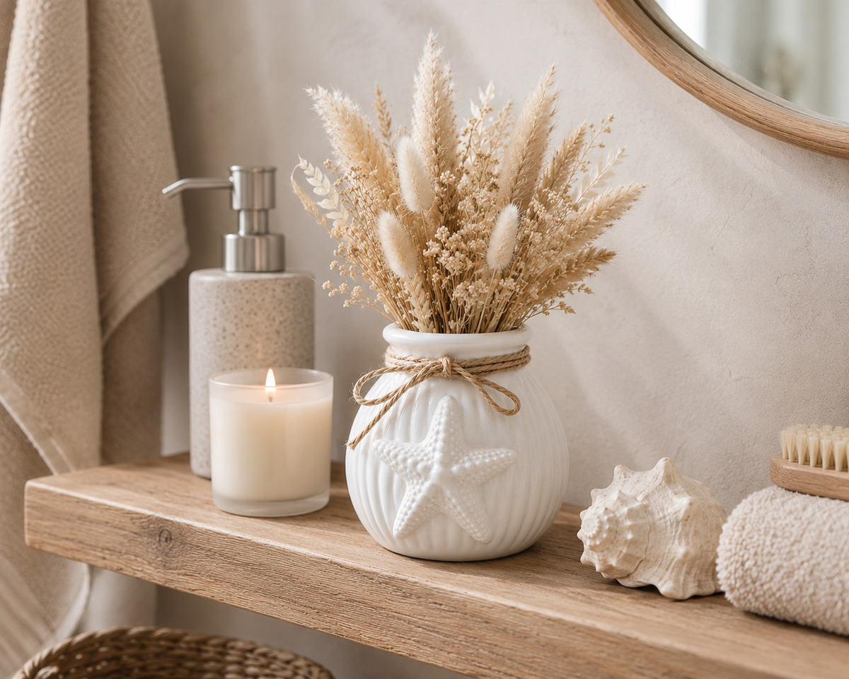 Maritime Vase mit Seestern | Keramikvase Weiß | Küstendeko | Beach House Dekoration | Maritime Deko | Geschenk für Meeresliebhaber
