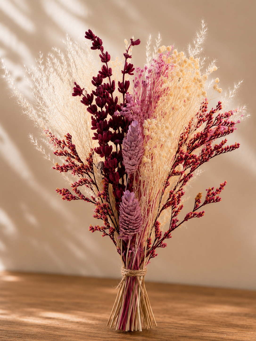 Trockenblumenstrauß mit Vase | Weiß Lila Boho Deko | Handgemachte Tischdeko | Modernes Wohnaccessoire | Geschenk für Sie | Wohnzimmer Deko