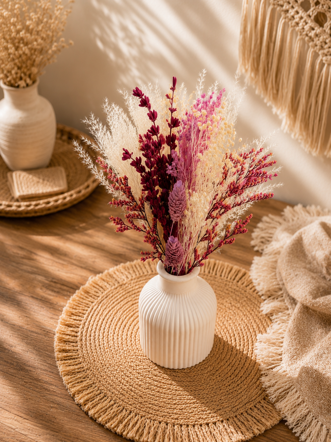 Trockenblumenstrauß mit Vase | Weiß Lila Boho Deko | Handgemachte Tischdeko | Modernes Wohnaccessoire | Geschenk für Sie | Wohnzimmer Deko