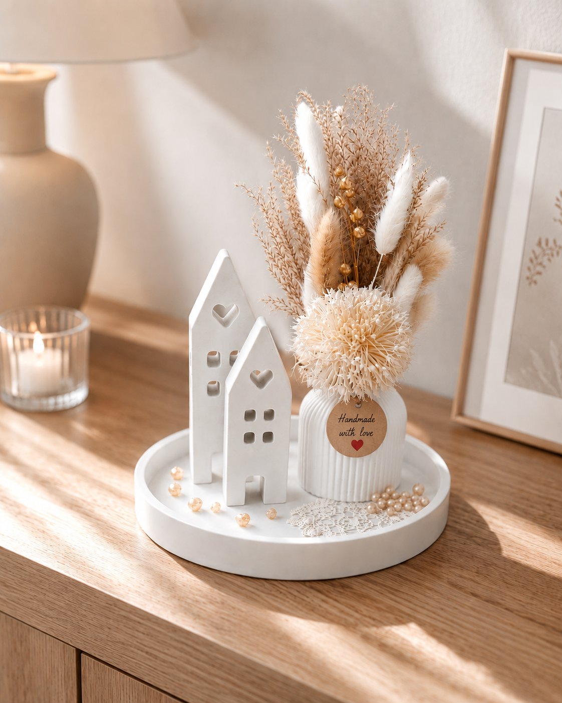 Geschenk zum Einzug | Einzugsgeschenk | Dekoteller mit Blumen | Tischdeko Raysin Set mit Trockenblumen und Lichthäusern | Geschenkset Deko