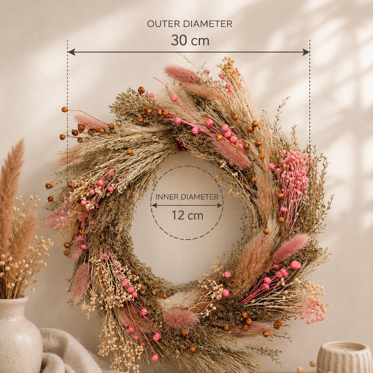 Trockenblumenkranz 30 cm | Boho Türkranz Rosa | Handgemachter Wandkranz | Haustürkranz | Ganzjahresdeko | Geschenk Einzug
