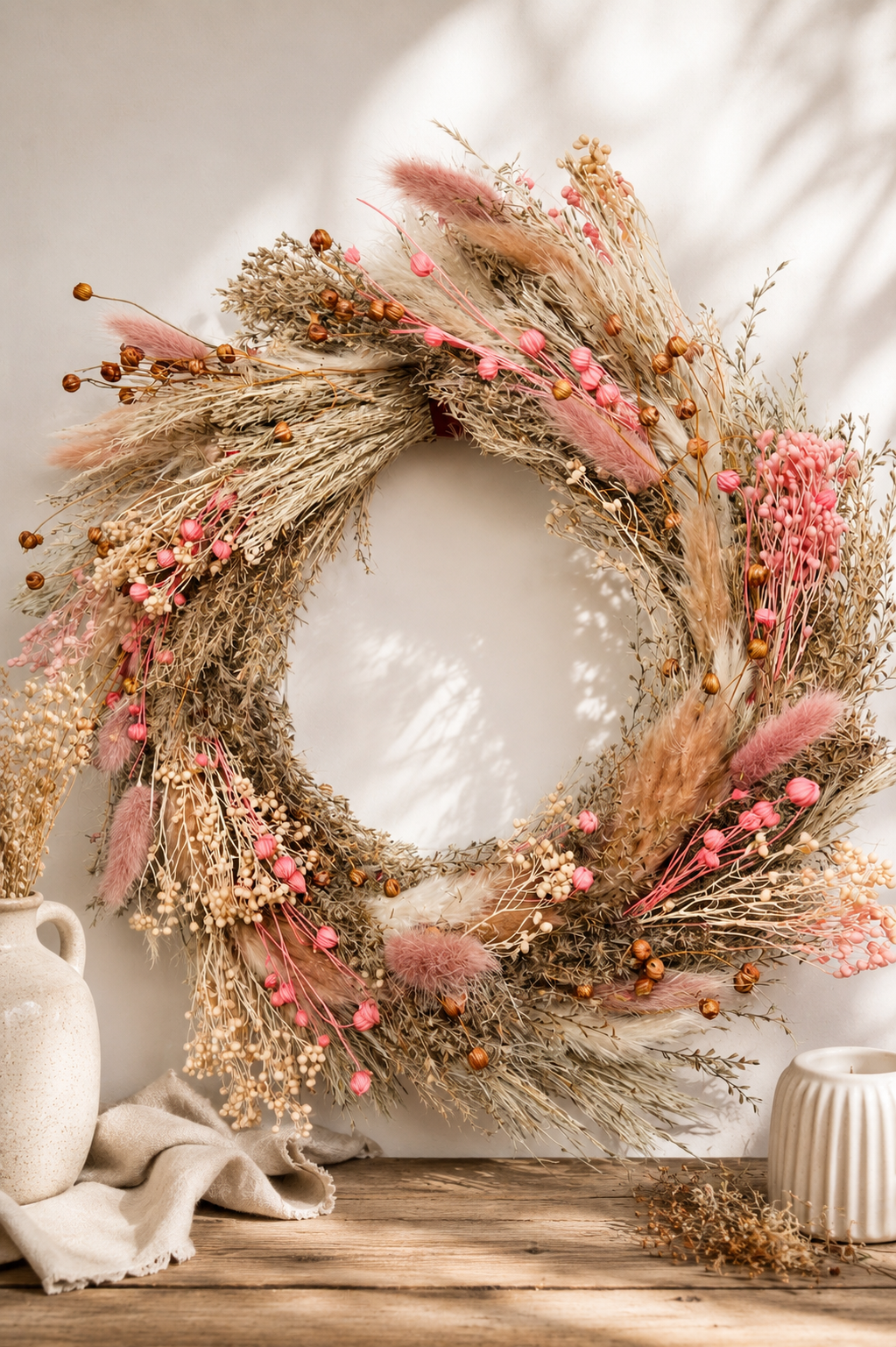 Trockenblumenkranz 30 cm | Boho Türkranz Rosa | Handgemachter Wandkranz | Haustürkranz | Ganzjahresdeko | Geschenk Einzug