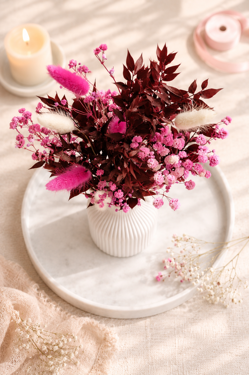 Handgefertigter Trockenblumenstrauß in Pink | Boho Deko | Ewige Blumen | Optional mit Vase & Dekoteller